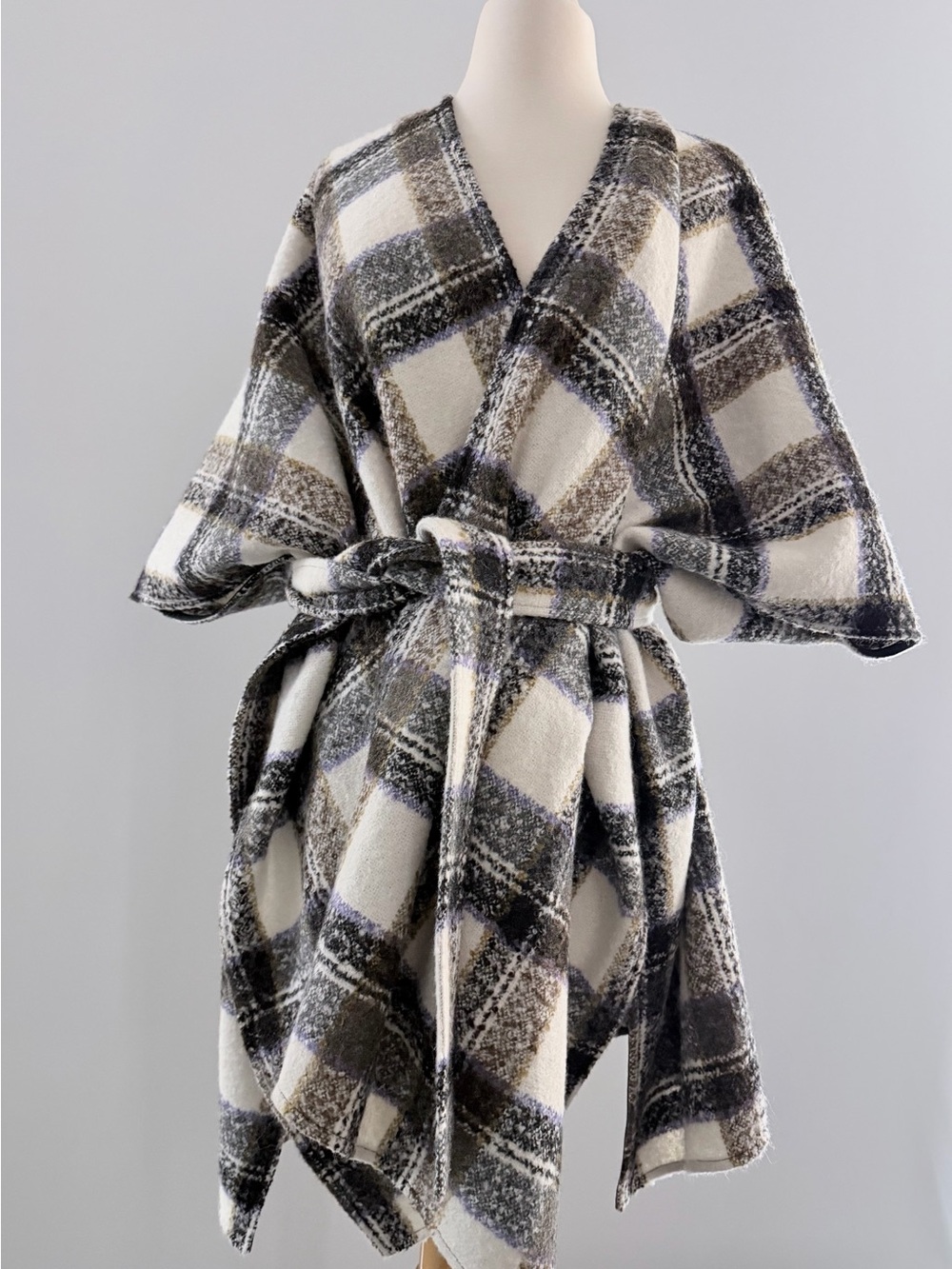 St. John Ivory & Charcoal Plaid Wrap Cape